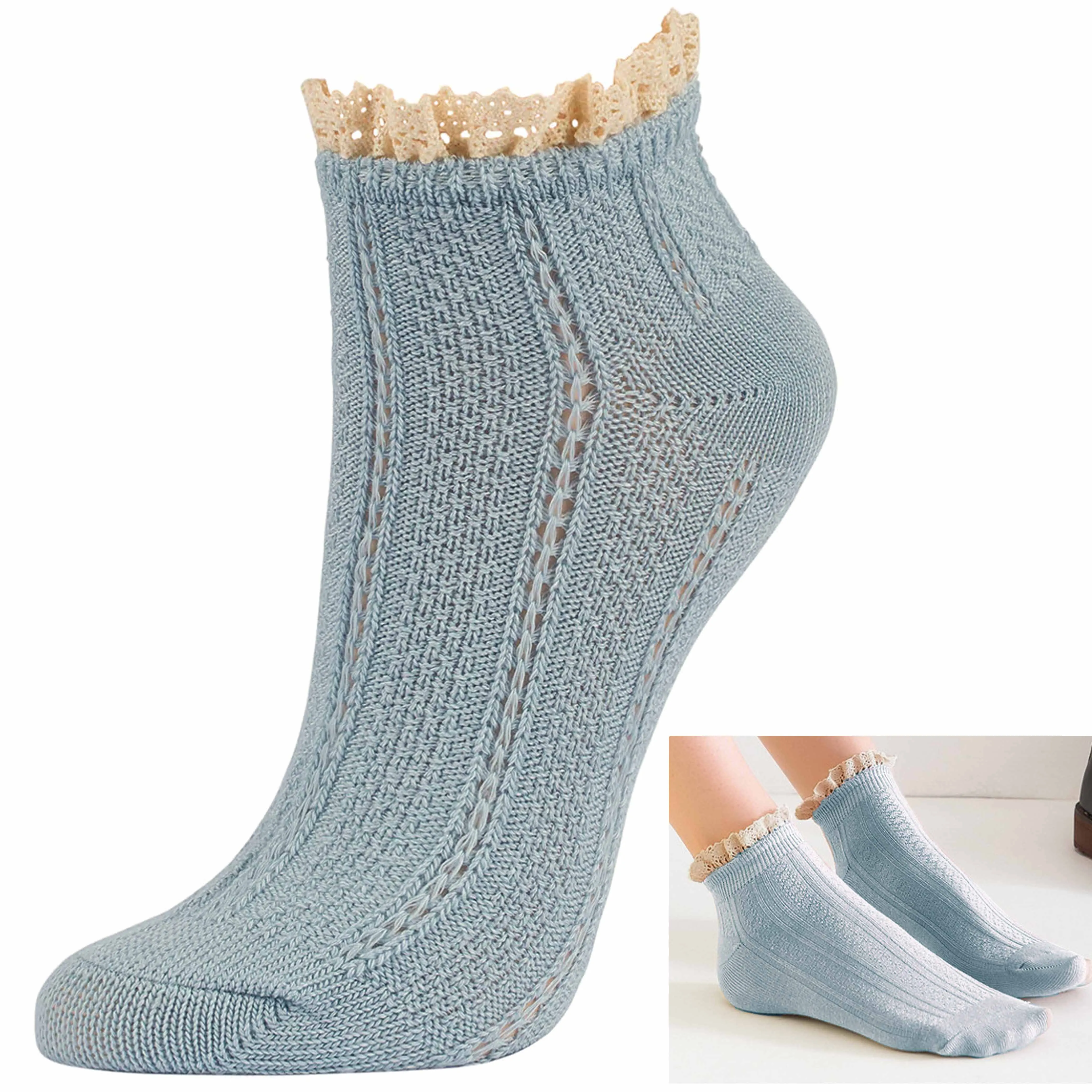 12 Pair Sexy Vintage Women Ruffle Ankle Socks Frilly Lace Trim Fancy Blue 9-11