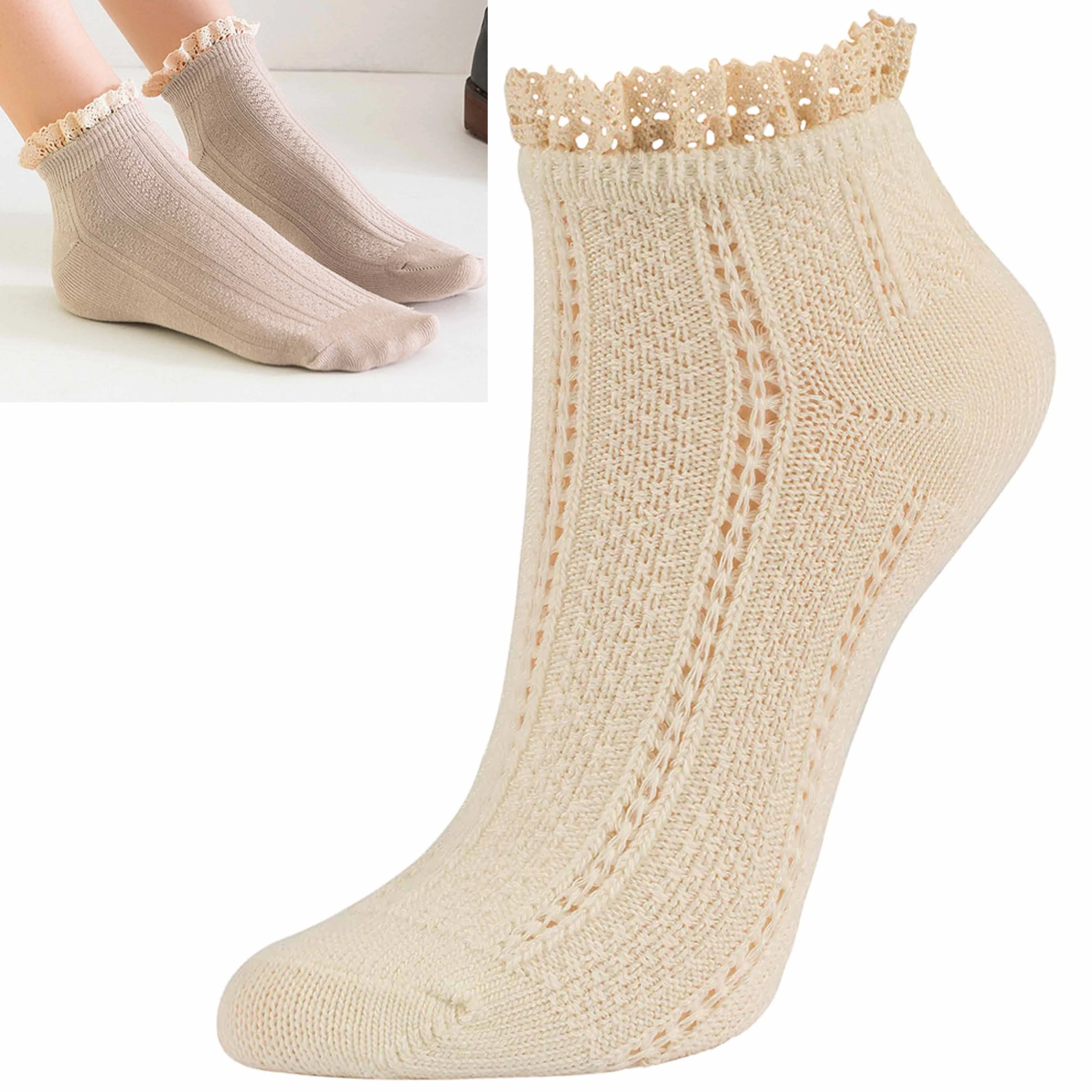 12 Pairs Sexy Vintage Women Ruffle Trim Ankle Socks Fancy Retro Lace Frilly 9-11