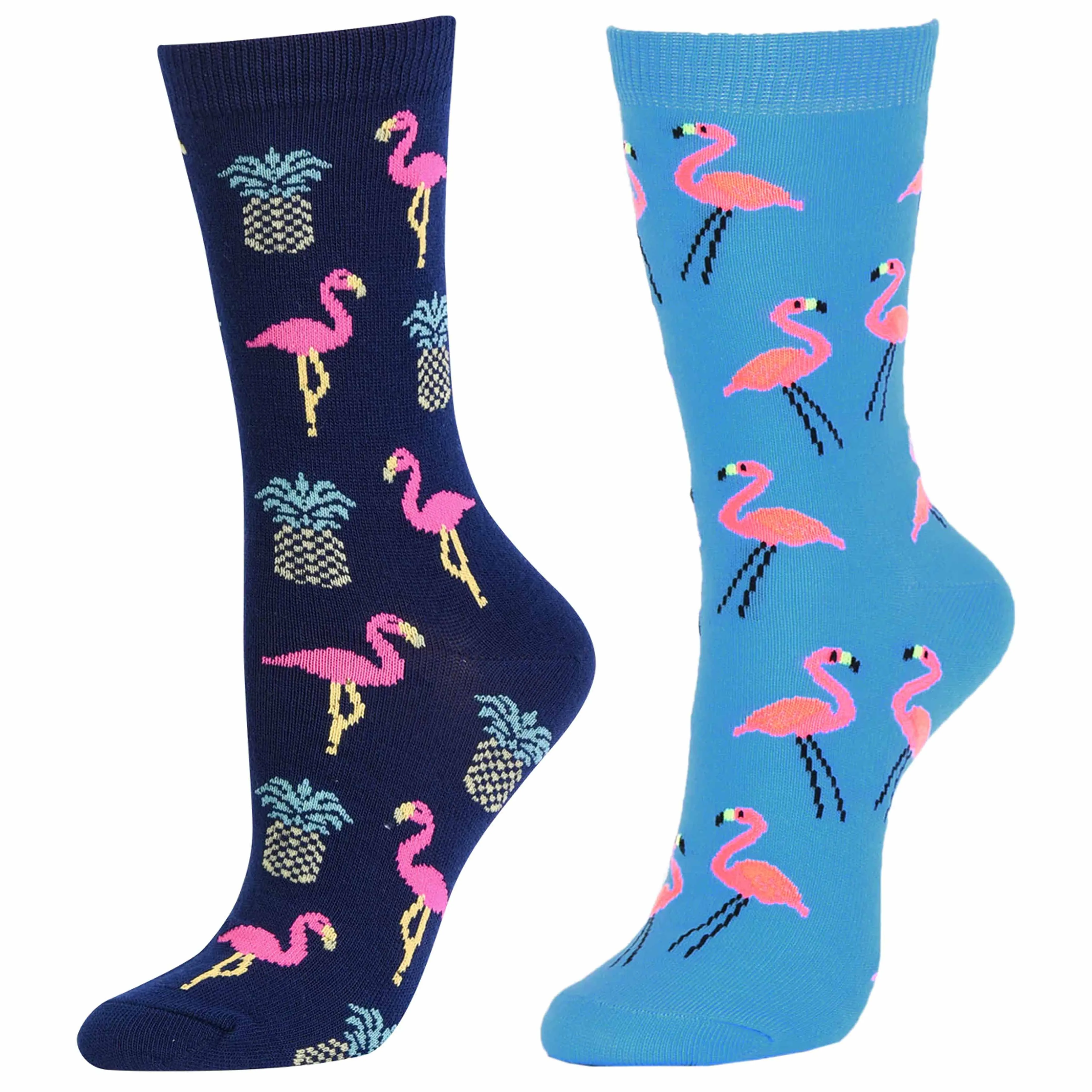 2 Pairs Women's Crew Socks Fashion Novelty Casual Flamingo Pineapple Size 9-11