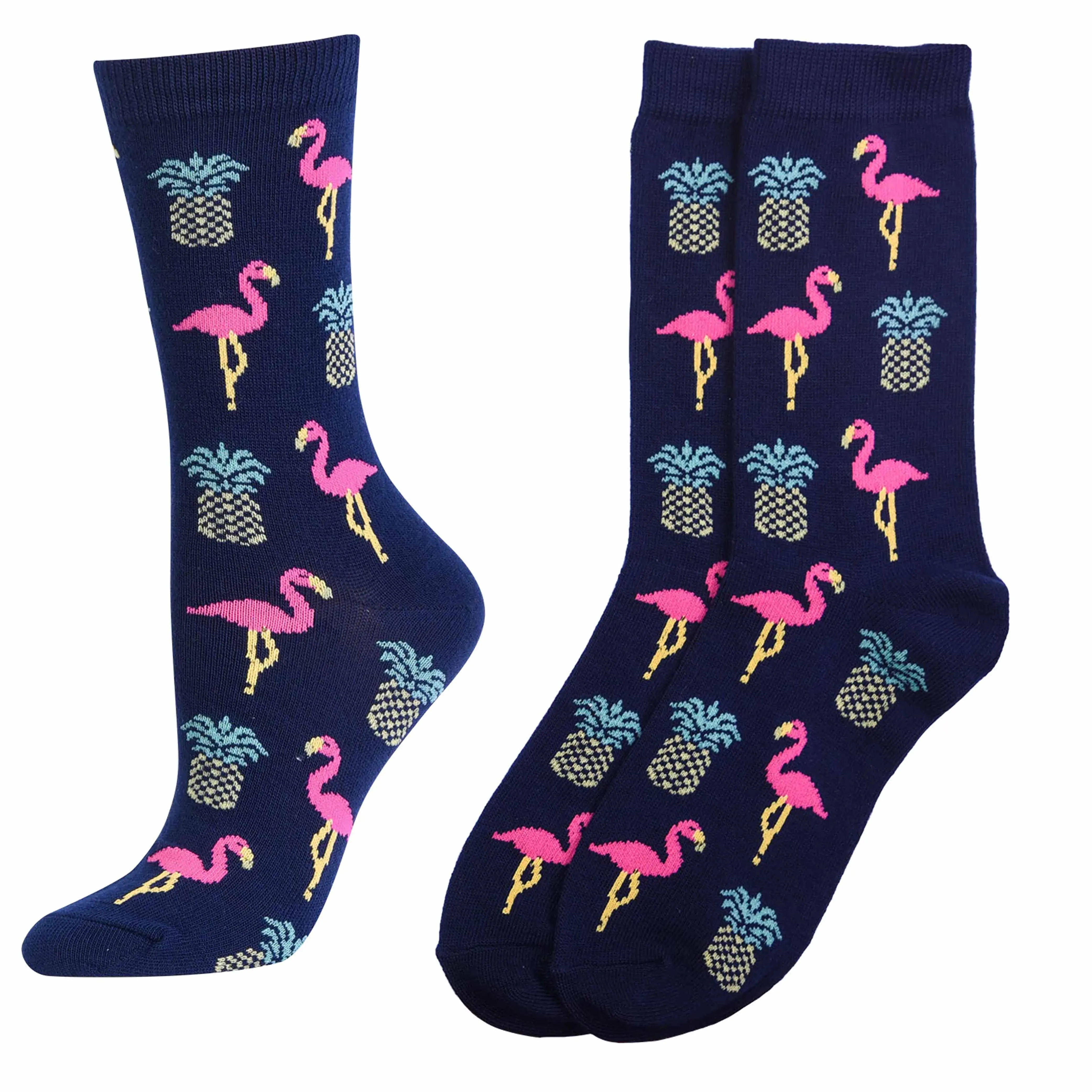 2 Pairs Women's Crew Socks Fashion Novelty Casual Flamingo Pineapple Size 9-11