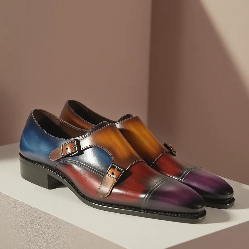 Ambrogio Men's Shoes Multi Patina Leather Monk-Straps Luxury Loafers (AMBX1000)