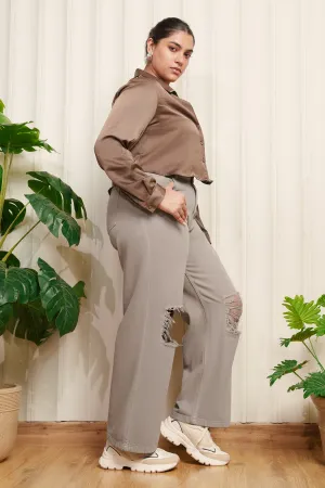 Ash Grey Distress Curve Wide Leg Jeans
