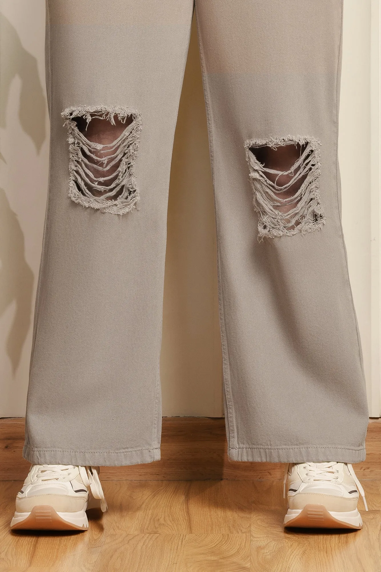 Ash Grey Distress Curve Wide Leg Jeans