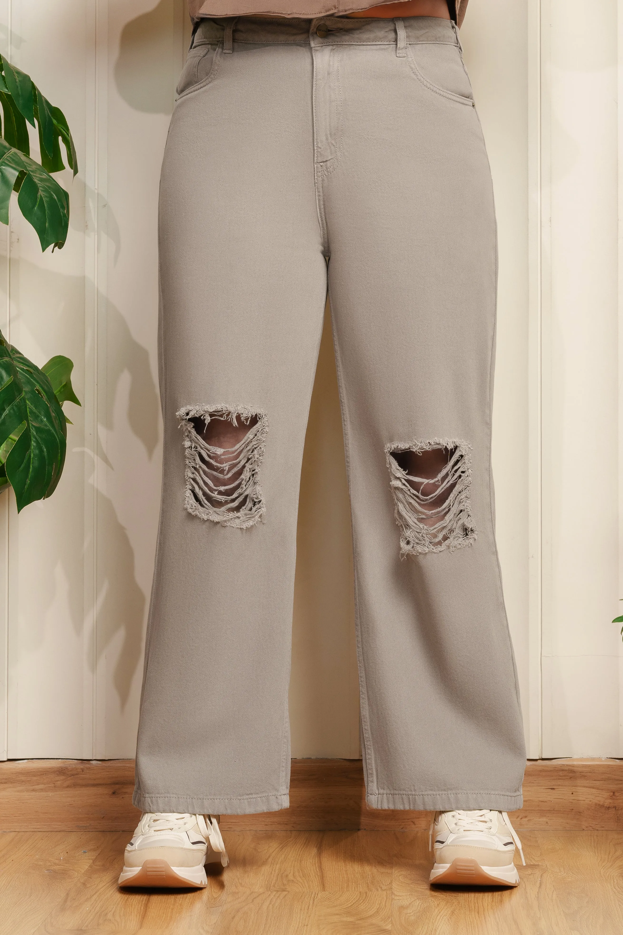 Ash Grey Distress Curve Wide Leg Jeans