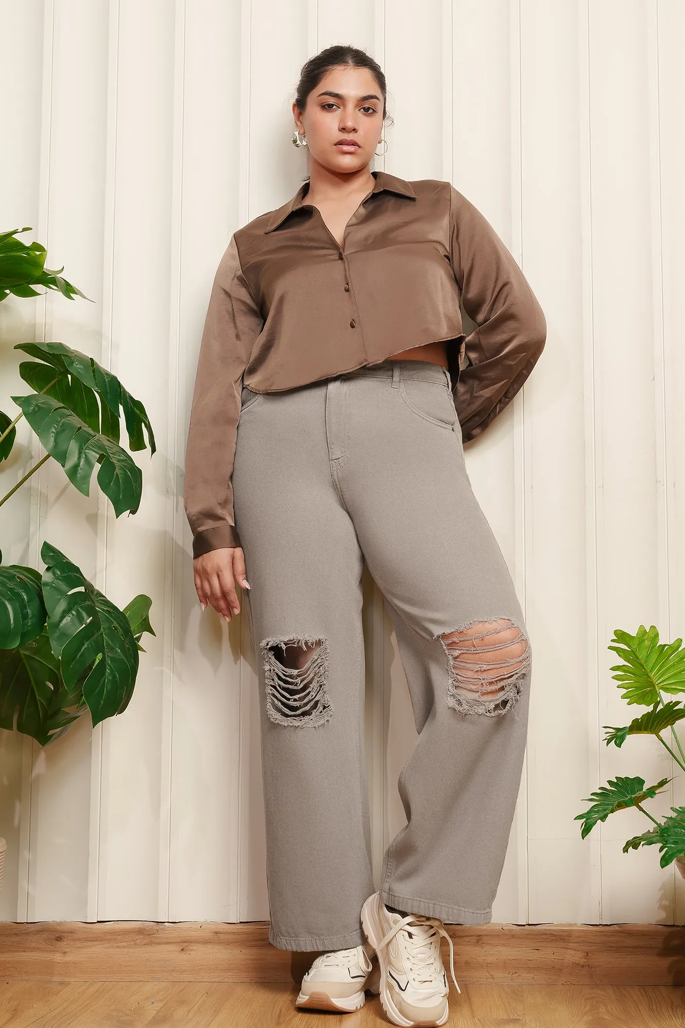 Ash Grey Distress Curve Wide Leg Jeans