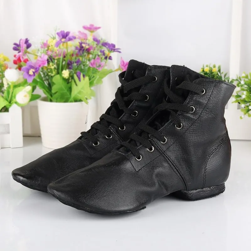 Cheapdancing Womens Leather Practice Dancing Shoes Jazz Boots Soft-Soled High Boots, Black
