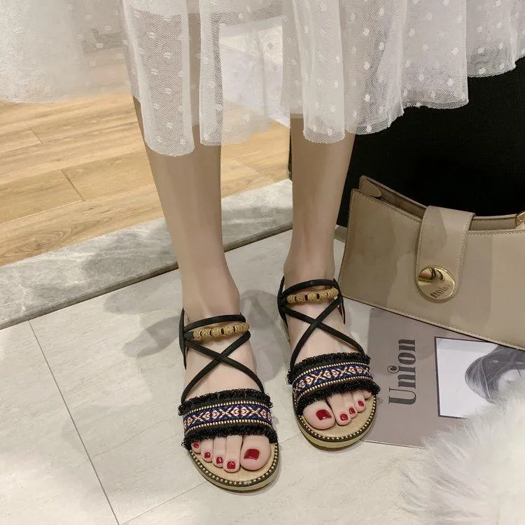 Chicvane Beaded Bohemian Style Sandals Flat Sandals
