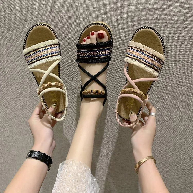 Chicvane Beaded Bohemian Style Sandals Flat Sandals