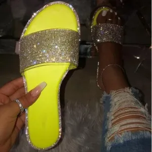 Chicvane Fashion Women Flat Sandal with Rhinestone Slides Shoes