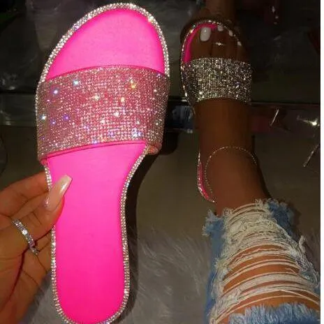 Chicvane Fashion Women Flat Sandal with Rhinestone Slides Shoes