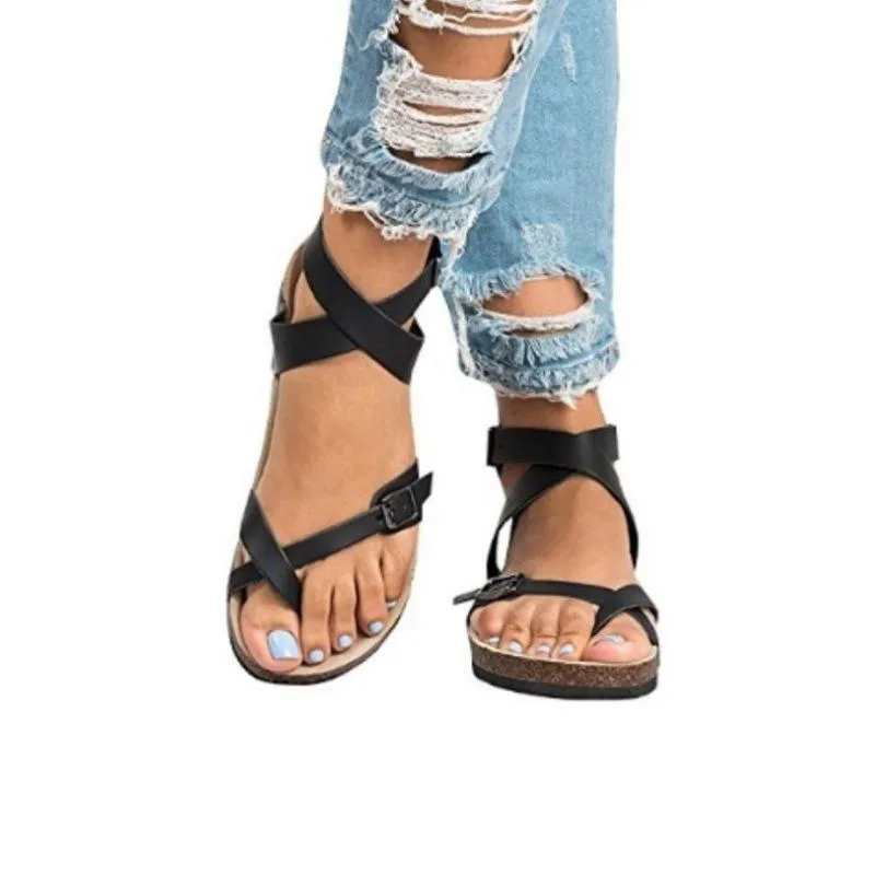 Chicvane Hollow Out Round Toe Buckle Closure T-strap Flat Sandals
