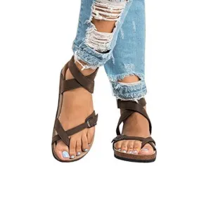Chicvane Hollow Out Round Toe Buckle Closure T-strap Flat Sandals