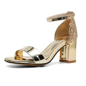 Chicvane Rhinestone Chunky Heel Sandal With Buckle Ankle Strap Evening Sandals