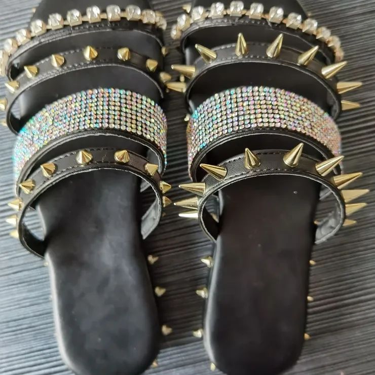 Chicvane Rivet Studded Rhinstone Slides Shoes