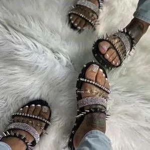 Chicvane Rivet Studded Rhinstone Slides Shoes