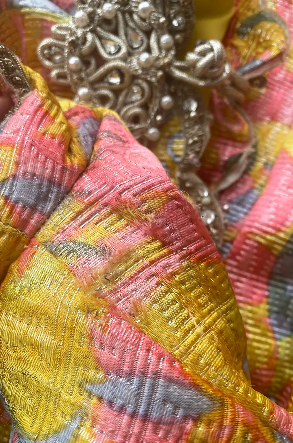 Exceptional 1968 Oscar de la Renta Documented Metallic Silk Brocade Dress w Silver Cording Detail