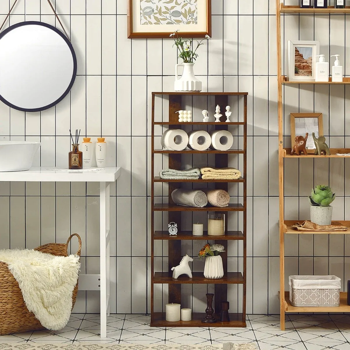 Extra Wide Wooden Vertical Shoe Rack with 7 Shelves-Brown