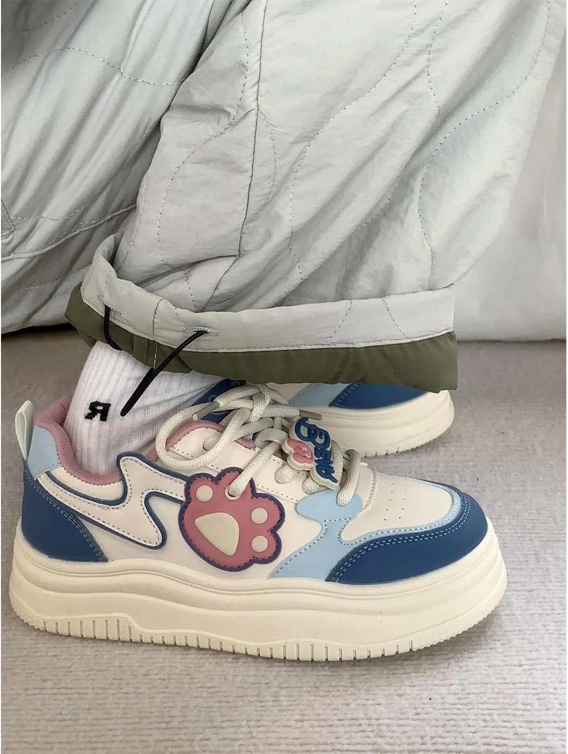 Geerta Cute Bear Shoes Y2K  Thick Sole Paw Chunky Platform Sneaker Kawaii Retro Colorful Aesthetic Elevated White Trainer for Women Girl Casual School Summer Beach Travel
