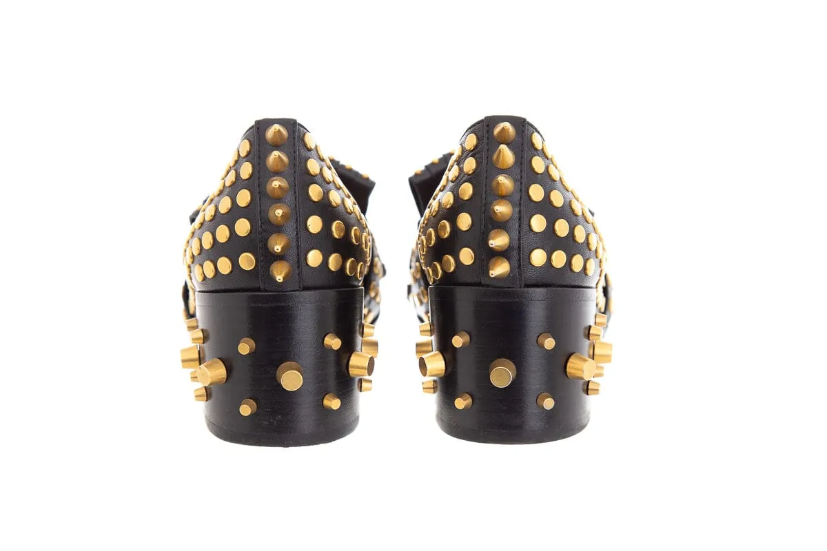 Gucci Black and Gold Studded Polly Leather Heeled Loafer SZ 38