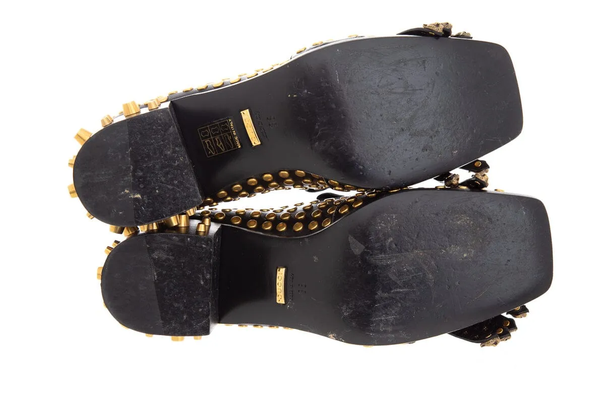Gucci Black and Gold Studded Polly Leather Heeled Loafer SZ 38