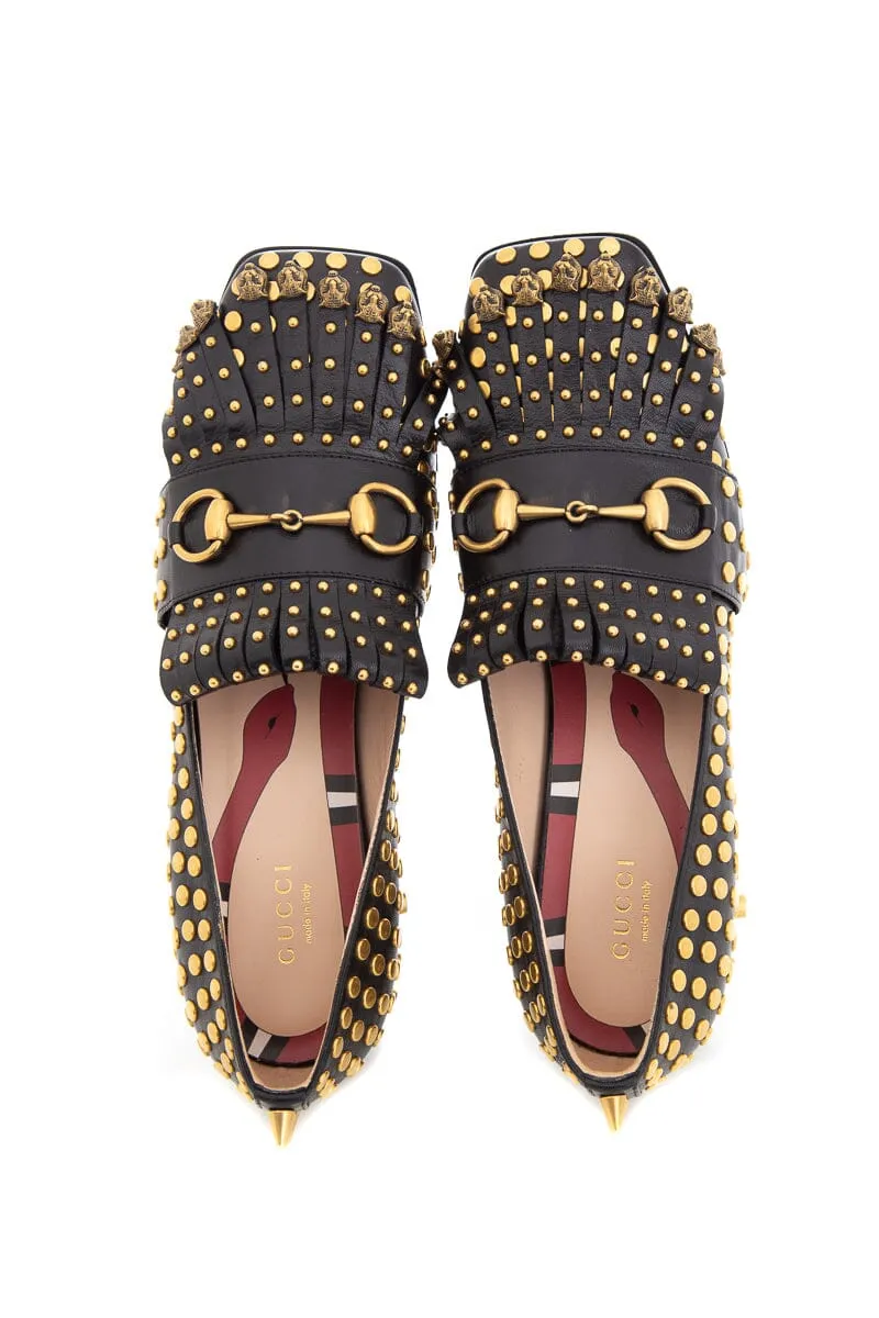 Gucci Black and Gold Studded Polly Leather Heeled Loafer SZ 38