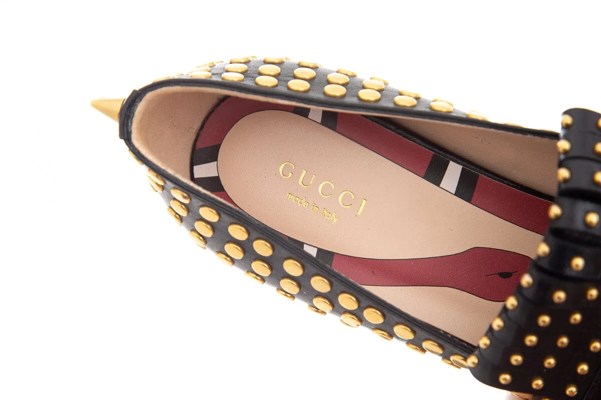 Gucci Black and Gold Studded Polly Leather Heeled Loafer SZ 38