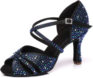 HIPPOSEUS Women's Satin Latin Dance Shoes Rhinestone Ballroom Salsa Practice Performance Dance Shoes Blue,Model L382