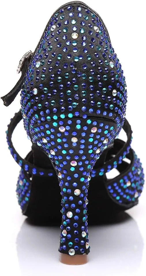 HIPPOSEUS Women's Satin Latin Dance Shoes Rhinestone Ballroom Salsa Practice Performance Dance Shoes Blue,Model L382