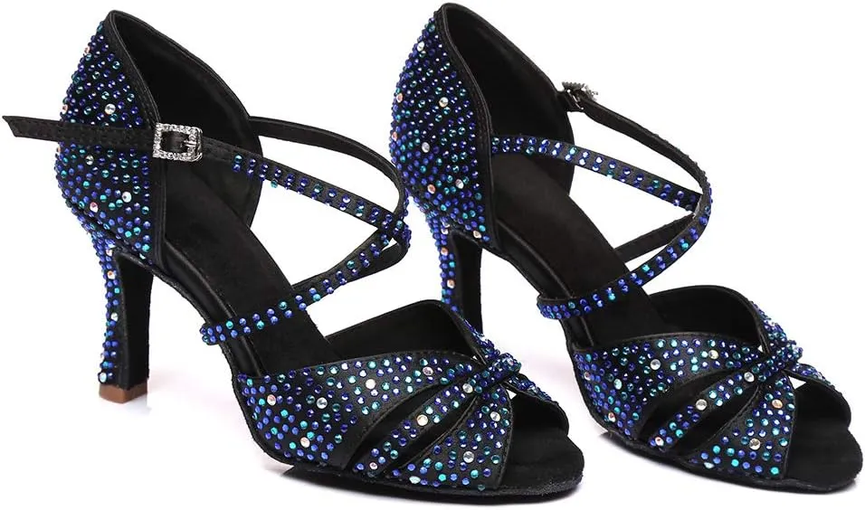 HIPPOSEUS Women's Satin Latin Dance Shoes Rhinestone Ballroom Salsa Practice Performance Dance Shoes Blue,Model L382
