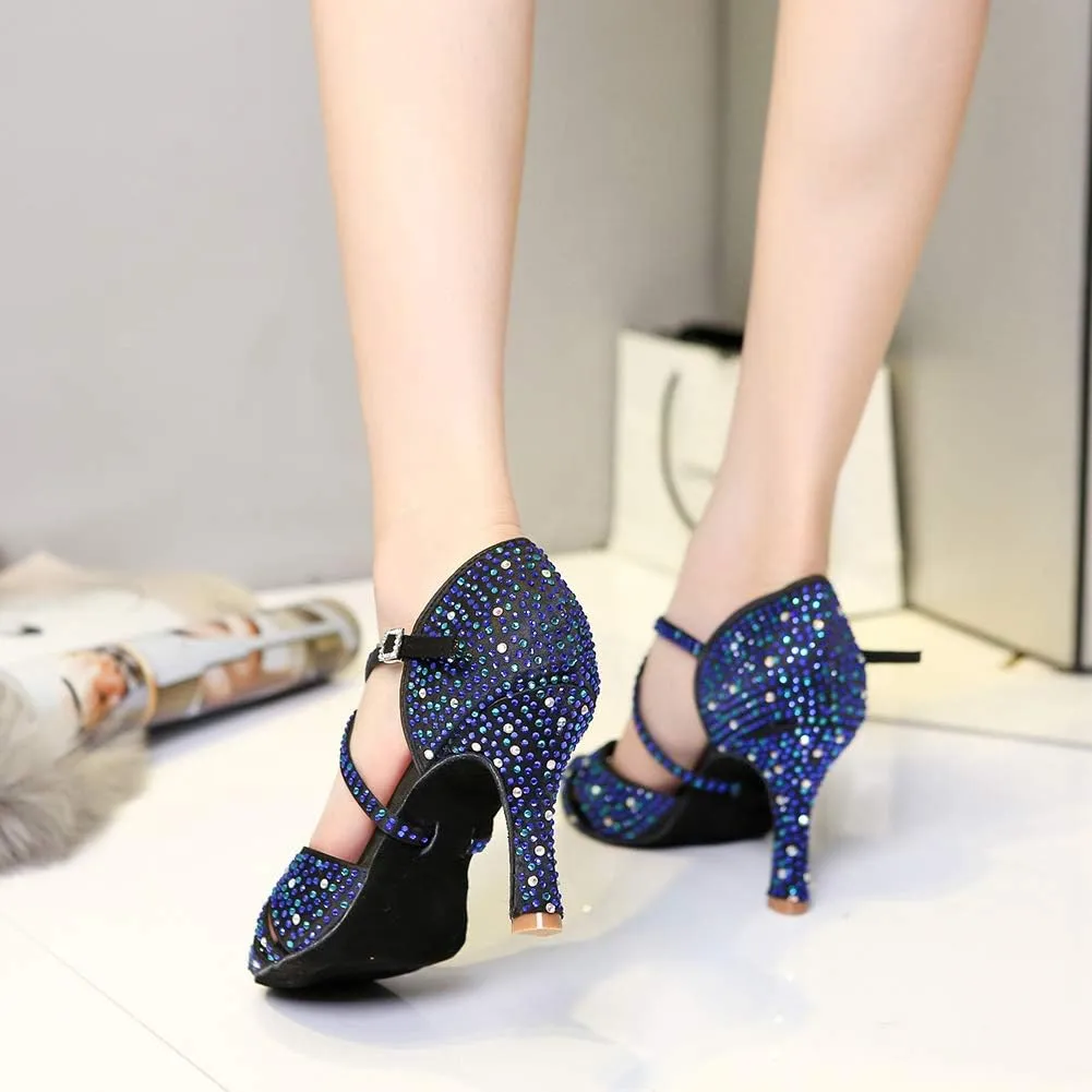 HIPPOSEUS Women's Satin Latin Dance Shoes Rhinestone Ballroom Salsa Practice Performance Dance Shoes Blue,Model L382