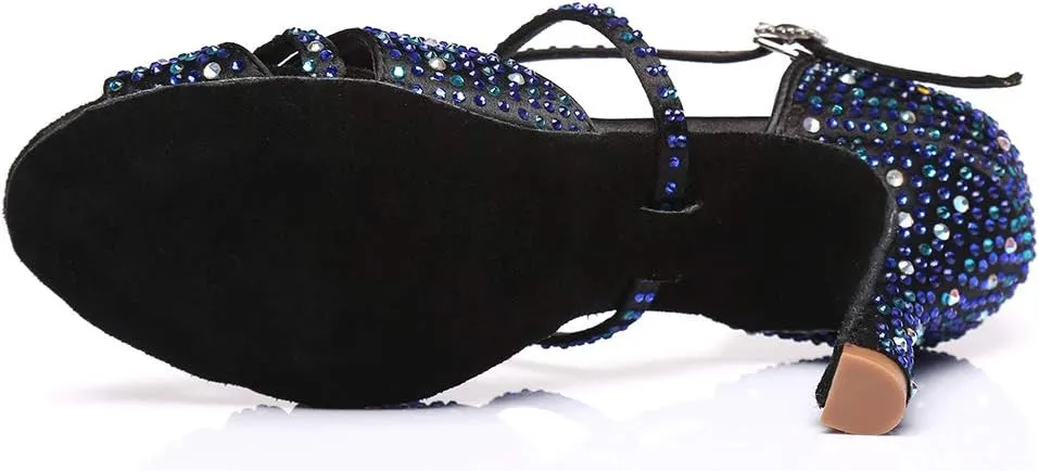 HIPPOSEUS Women's Satin Latin Dance Shoes Rhinestone Ballroom Salsa Practice Performance Dance Shoes Blue,Model L382