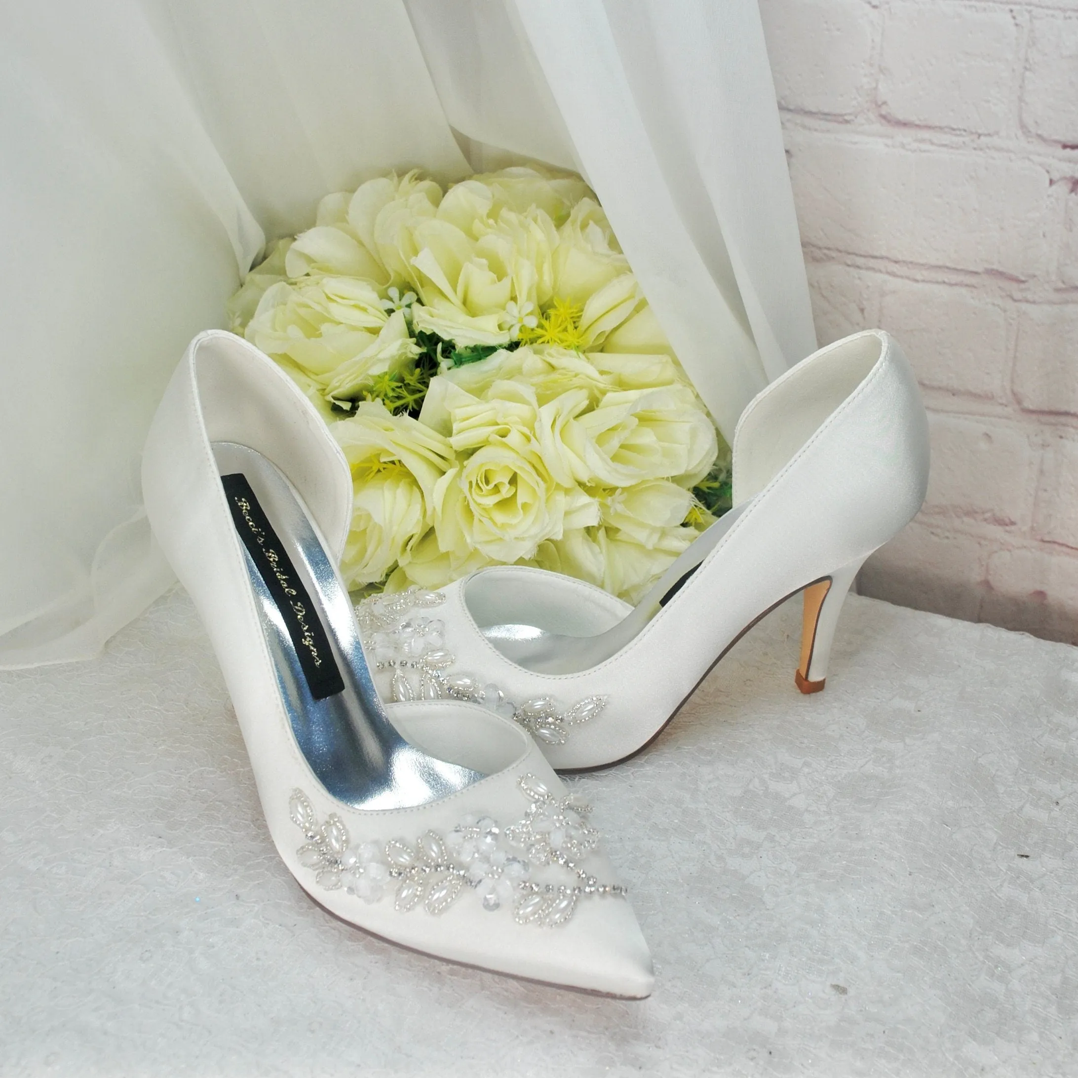 Ivory Wedding Heels, Floral Beaded Size UK5/US7.5