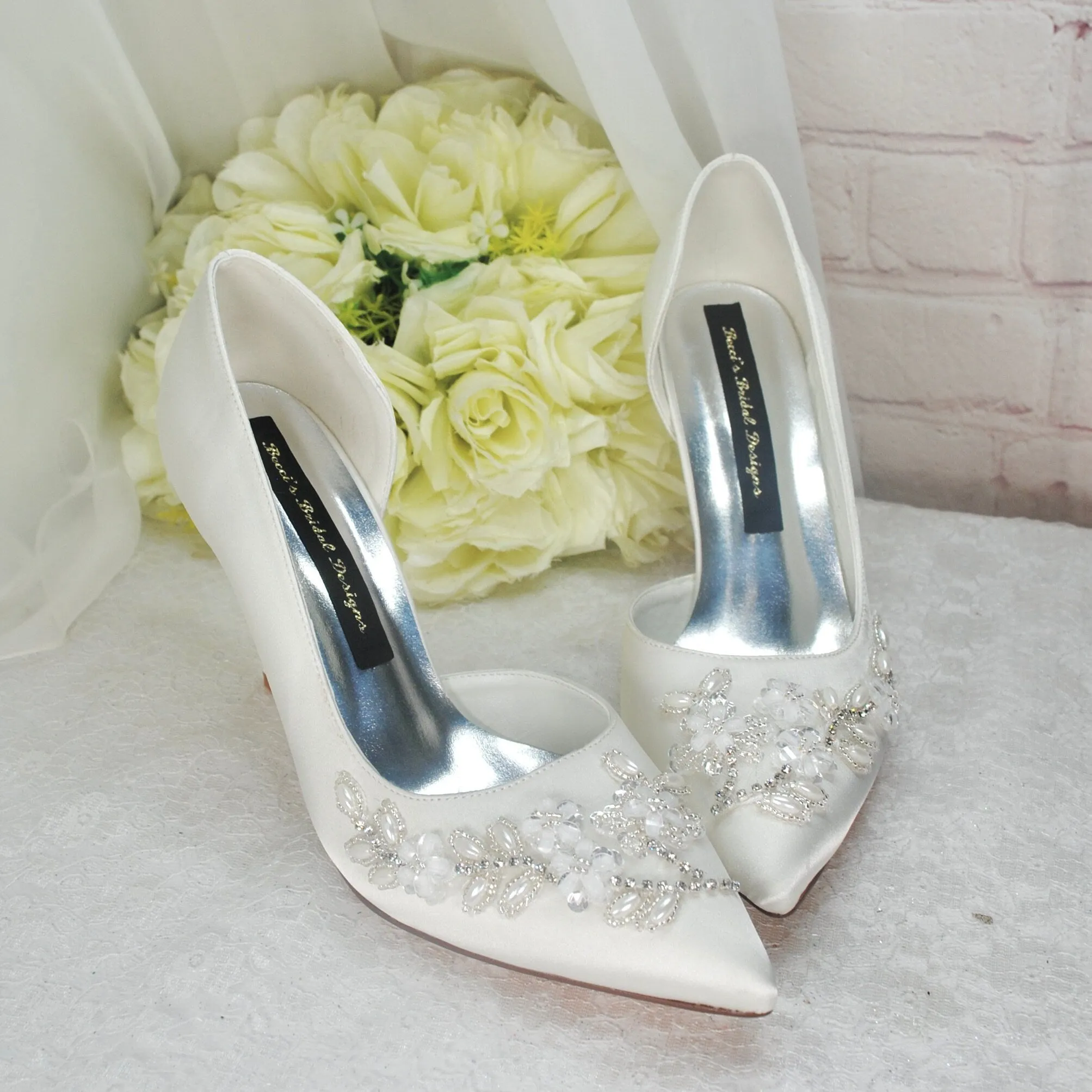 Ivory Wedding Heels, Floral Beaded Size UK5/US7.5