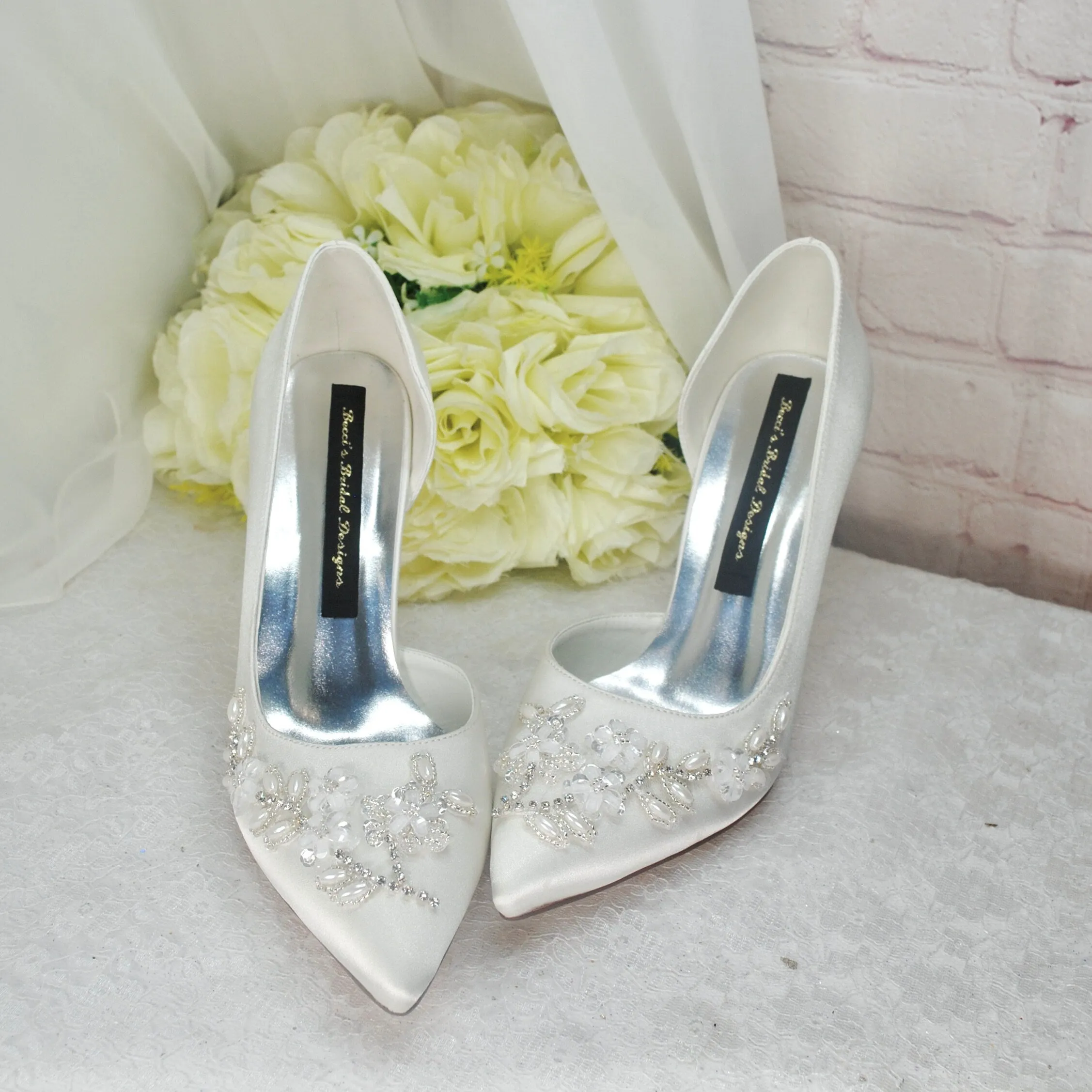 Ivory Wedding Heels, Floral Beaded Size UK5/US7.5