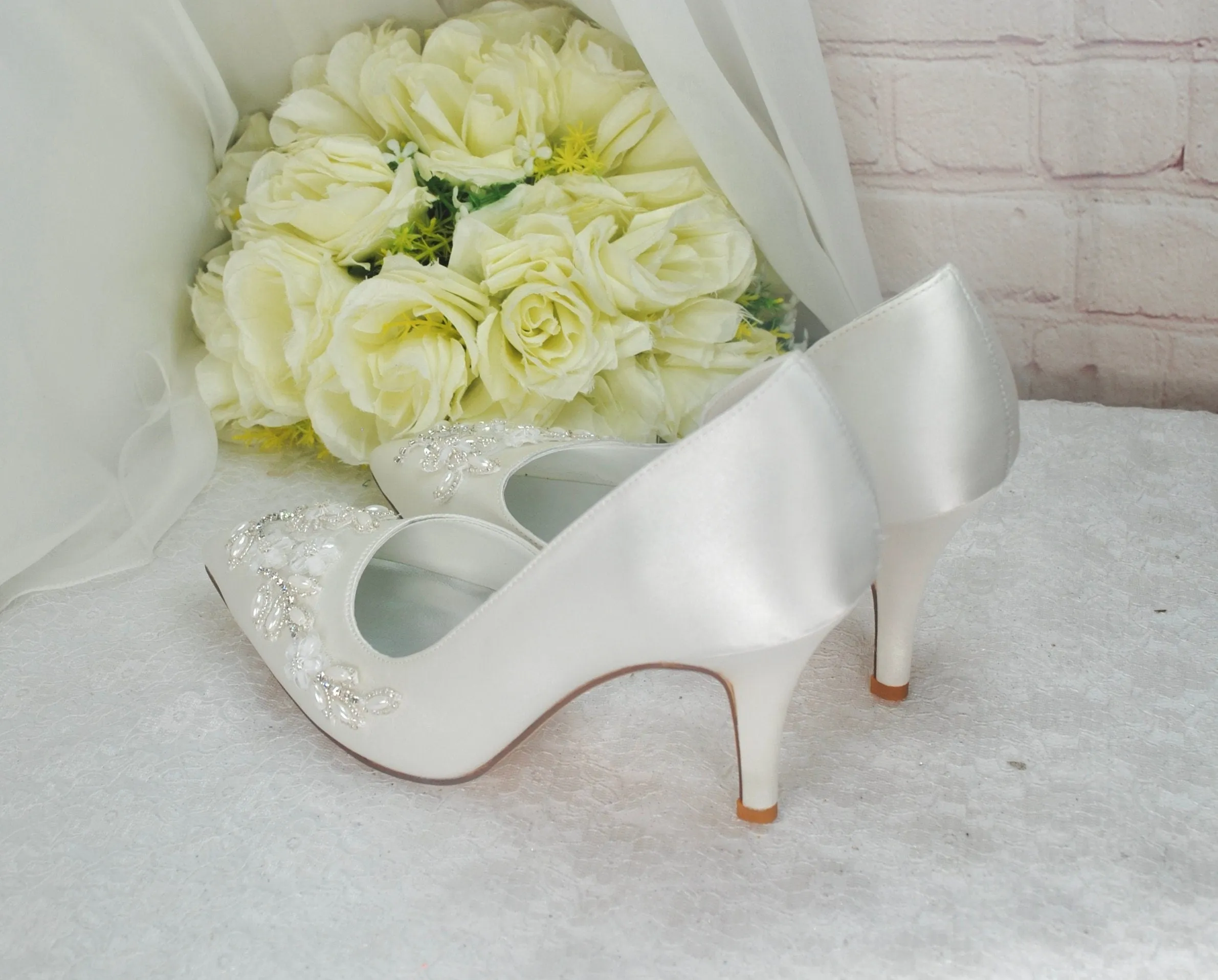 Ivory Wedding Heels, Floral Beaded Size UK5/US7.5