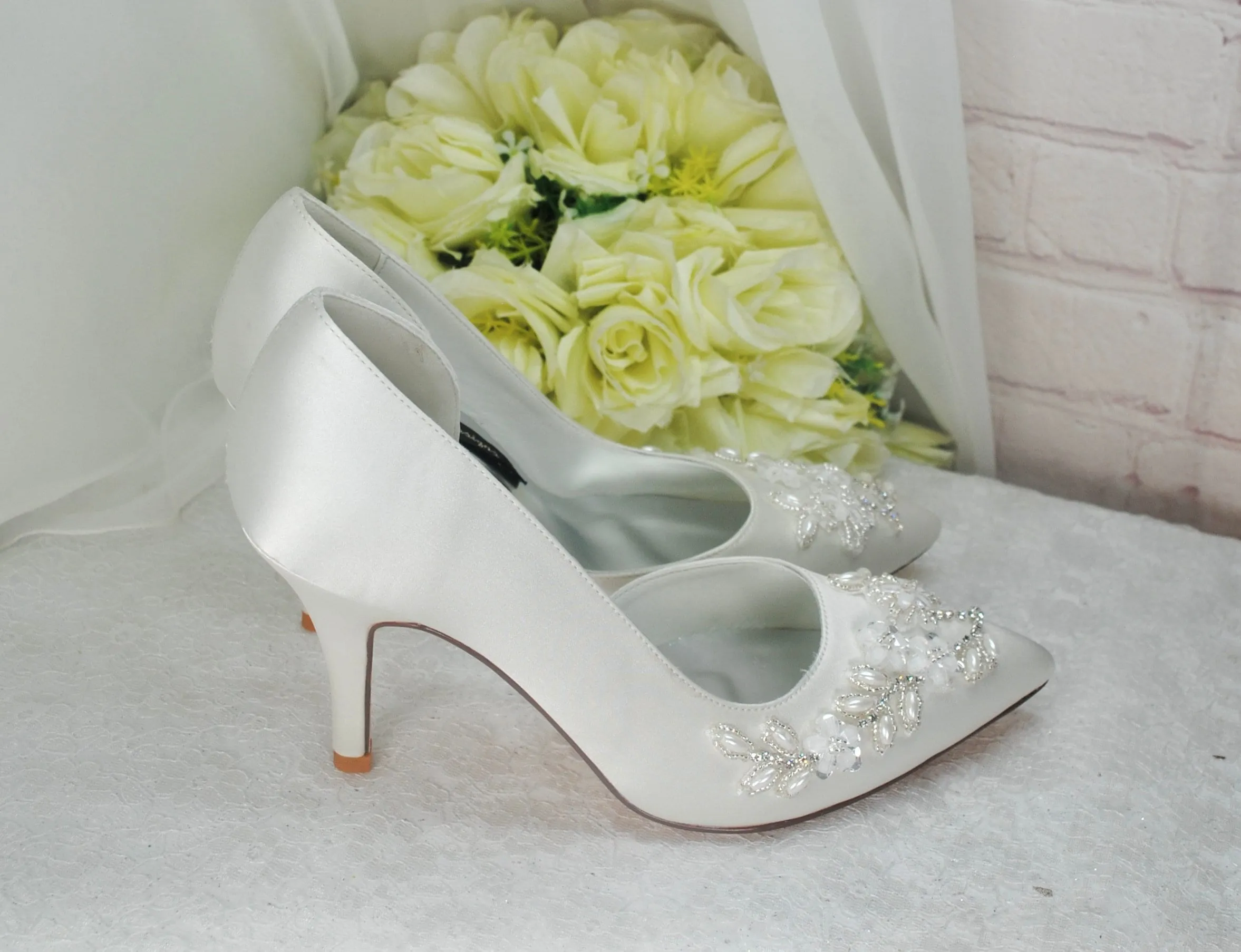 Ivory Wedding Heels, Floral Beaded Size UK5/US7.5