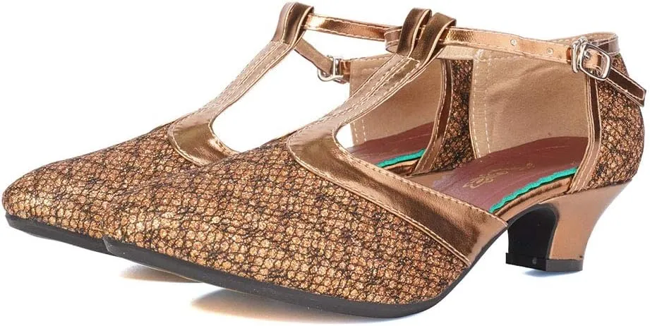 JUODVMP Women's 1920s Shoes Glitter Flapper Gatsby Shoes Latin Tango Salsa Ballroom Dance Heels