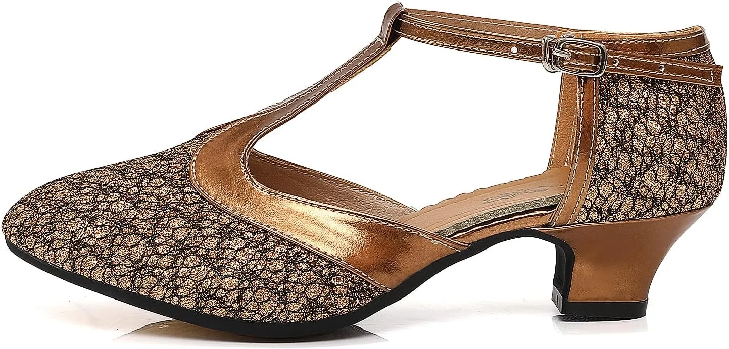 JUODVMP Women's 1920s Shoes Glitter Flapper Gatsby Shoes Latin Tango Salsa Ballroom Dance Heels