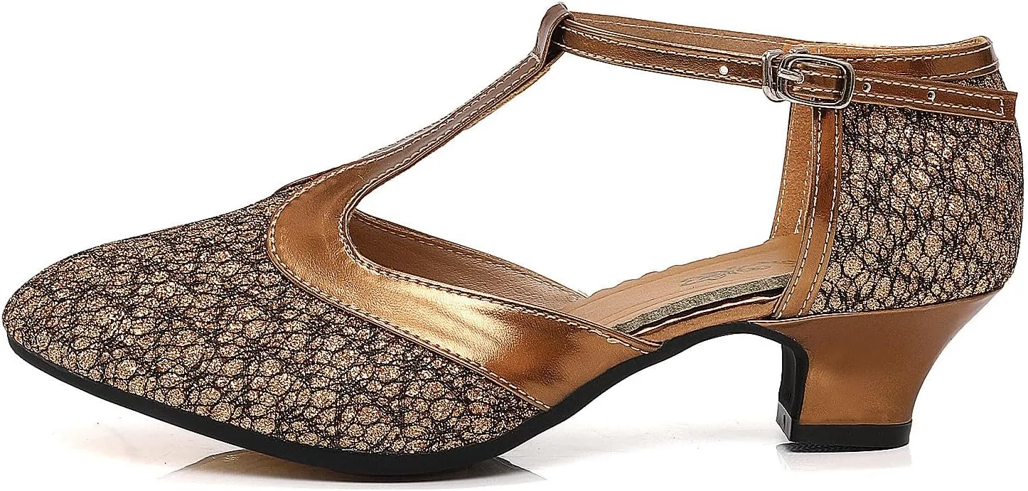 JUODVMP Women's 1920s Shoes Glitter Flapper Gatsby Shoes Latin Tango Salsa Ballroom Dance Heels