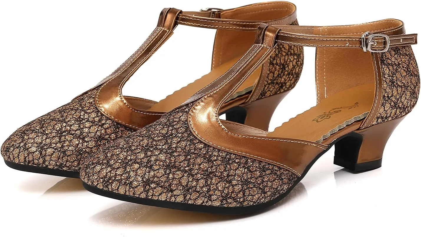 JUODVMP Women's 1920s Shoes Glitter Flapper Gatsby Shoes Latin Tango Salsa Ballroom Dance Heels