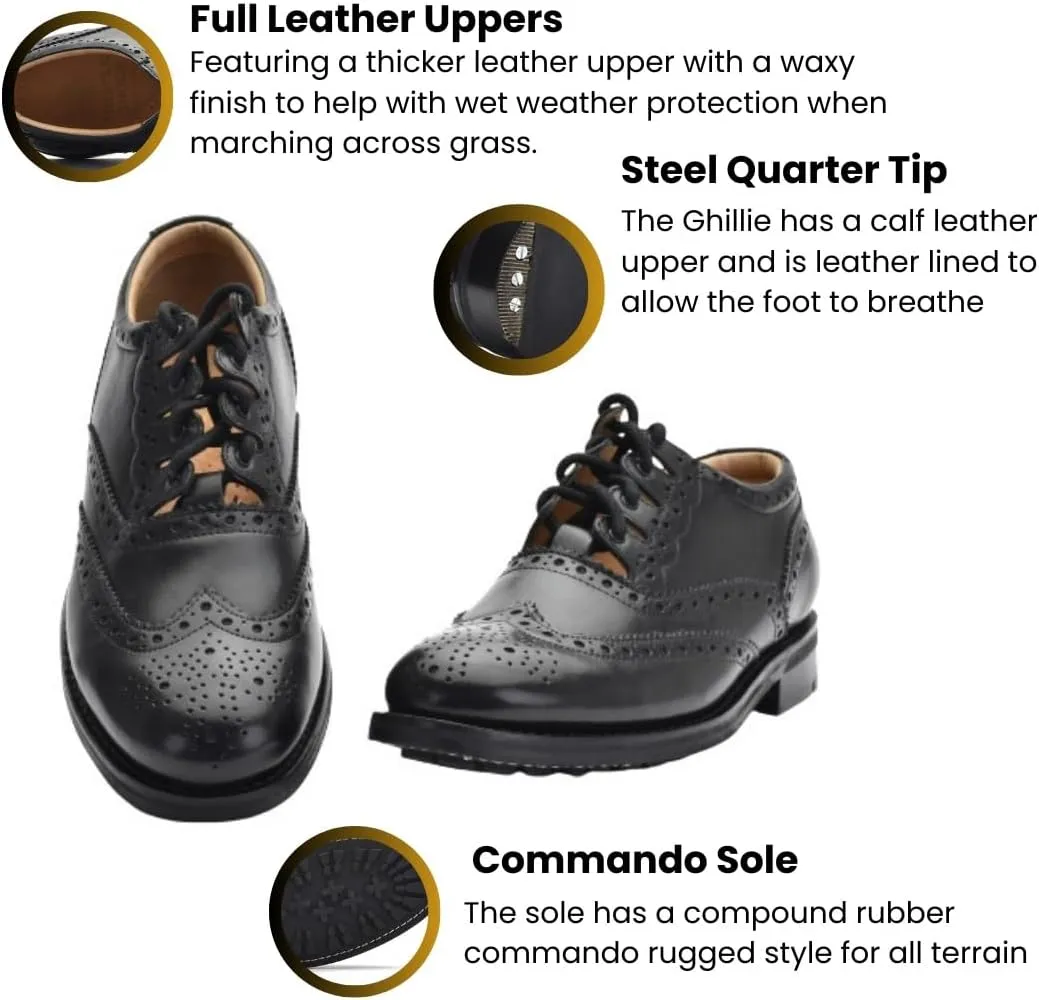 Leather Ghillie Brogue Kilt Shoes Traditional Scottish Piper and Highland Outfit Wedding Shoes Featuring Extra Long Laces & Leather Tassels - Sizes 6  17 Style  All Weather Sole Piper Color  Black