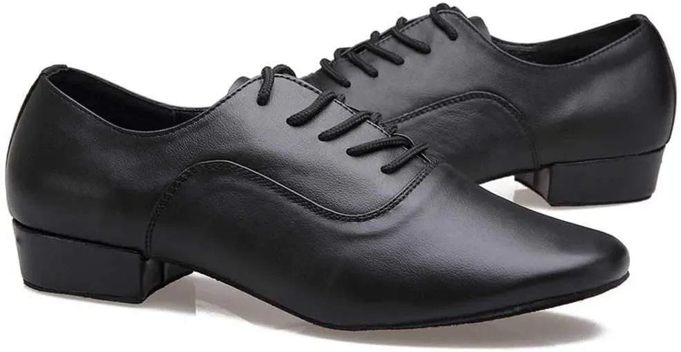 Mens Soft Leather Jazz Shoes Modern Latin Lace-up Closed Toe 4CM Standard Dance Shoes