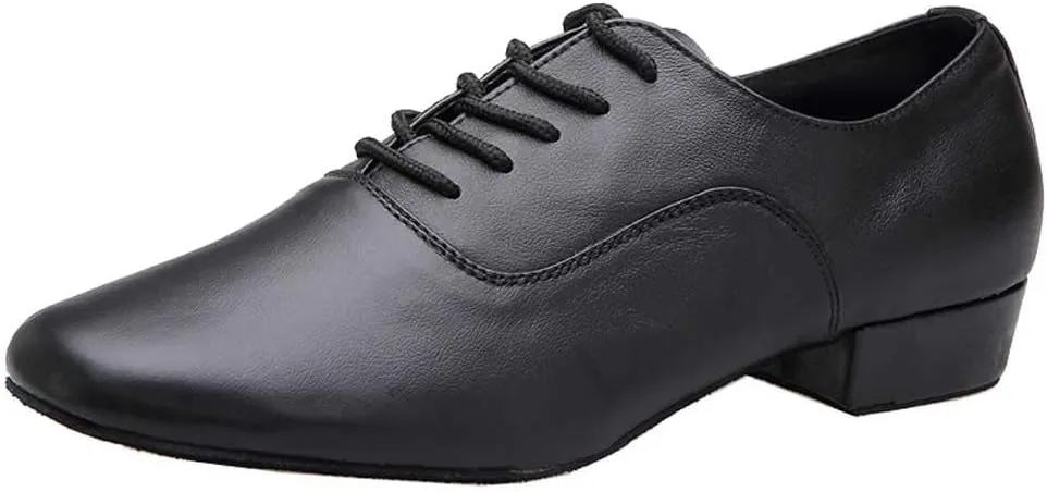 Mens Soft Leather Jazz Shoes Modern Latin Lace-up Closed Toe 4CM Standard Dance Shoes