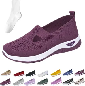 Orthowalkway Womens Shoes, Women's Comfortable Breathable Knitted Orthopedic Sneakers, Slip On Casual Flat Soft Shoes