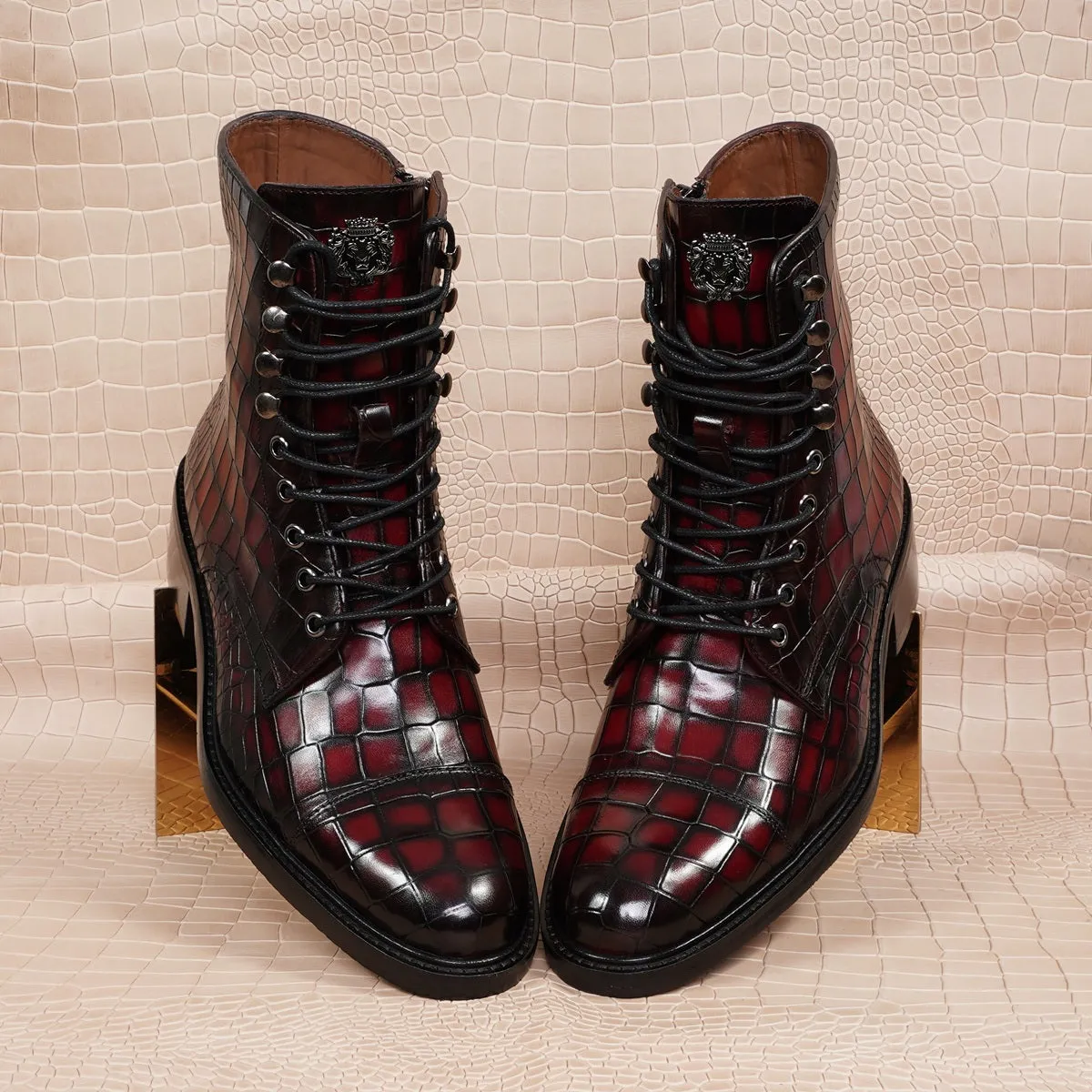Smokey Wine High Ankle Boot in Croco Textured Leather