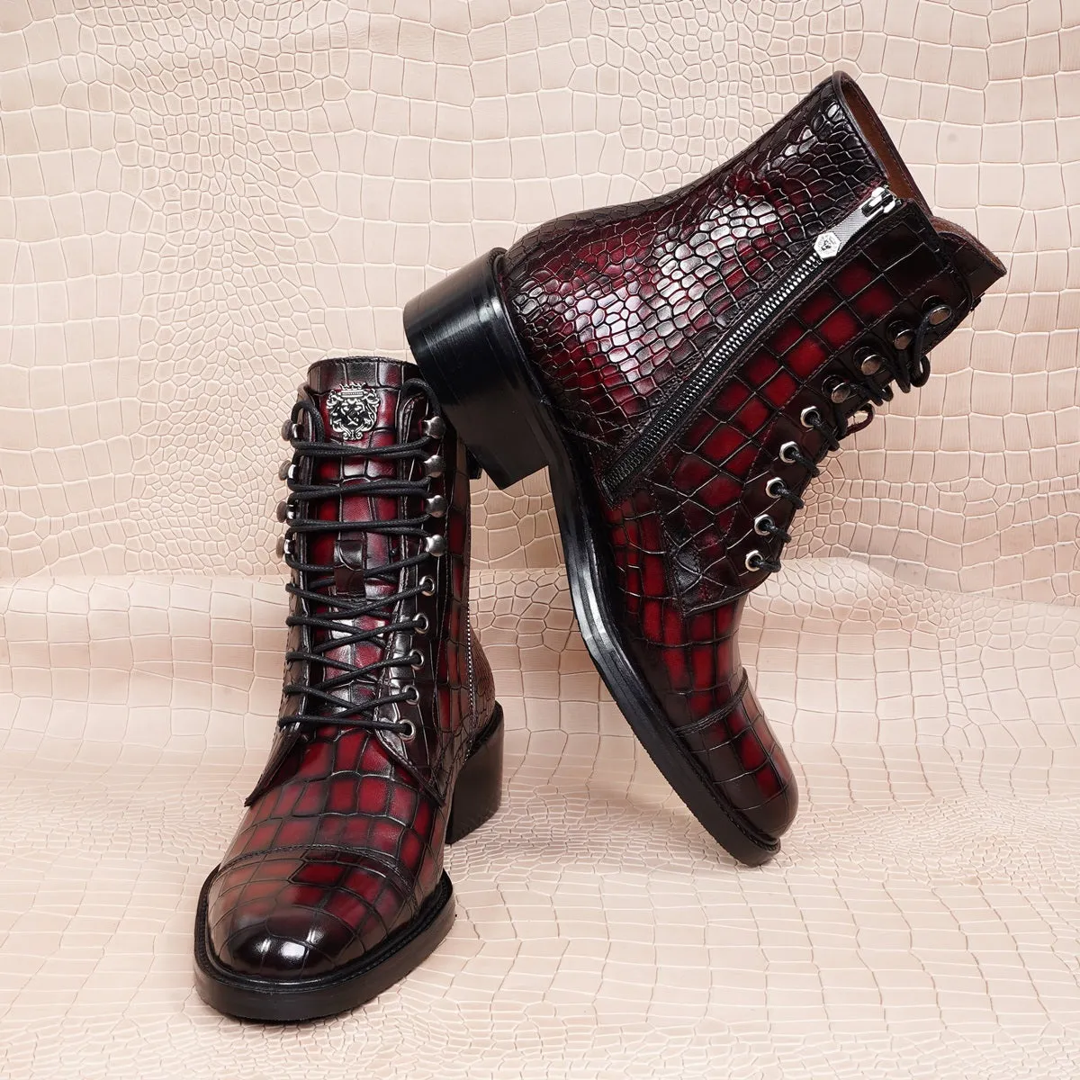 Smokey Wine High Ankle Boot in Croco Textured Leather