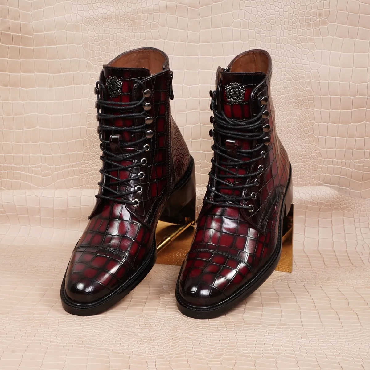 Smokey Wine High Ankle Boot in Croco Textured Leather