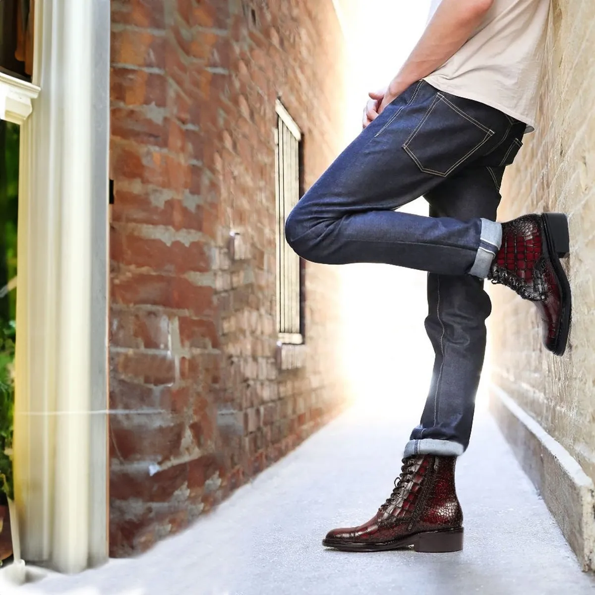 Smokey Wine High Ankle Boot in Croco Textured Leather