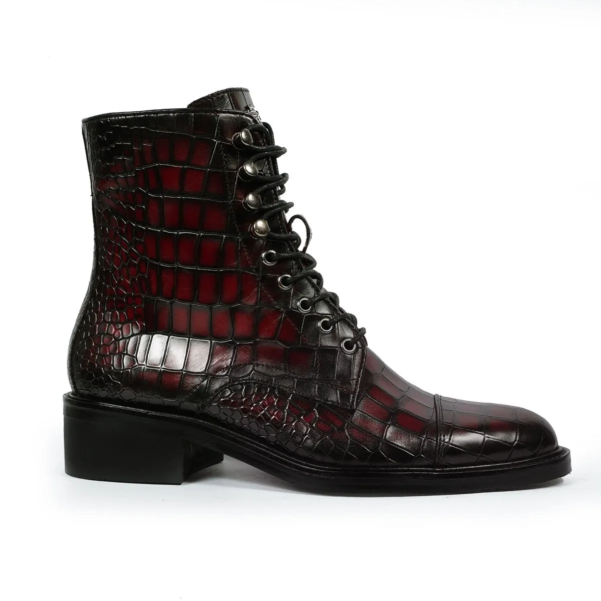 Smokey Wine High Ankle Boot in Croco Textured Leather