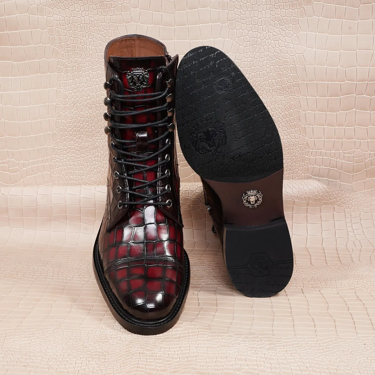Smokey Wine High Ankle Boot in Croco Textured Leather